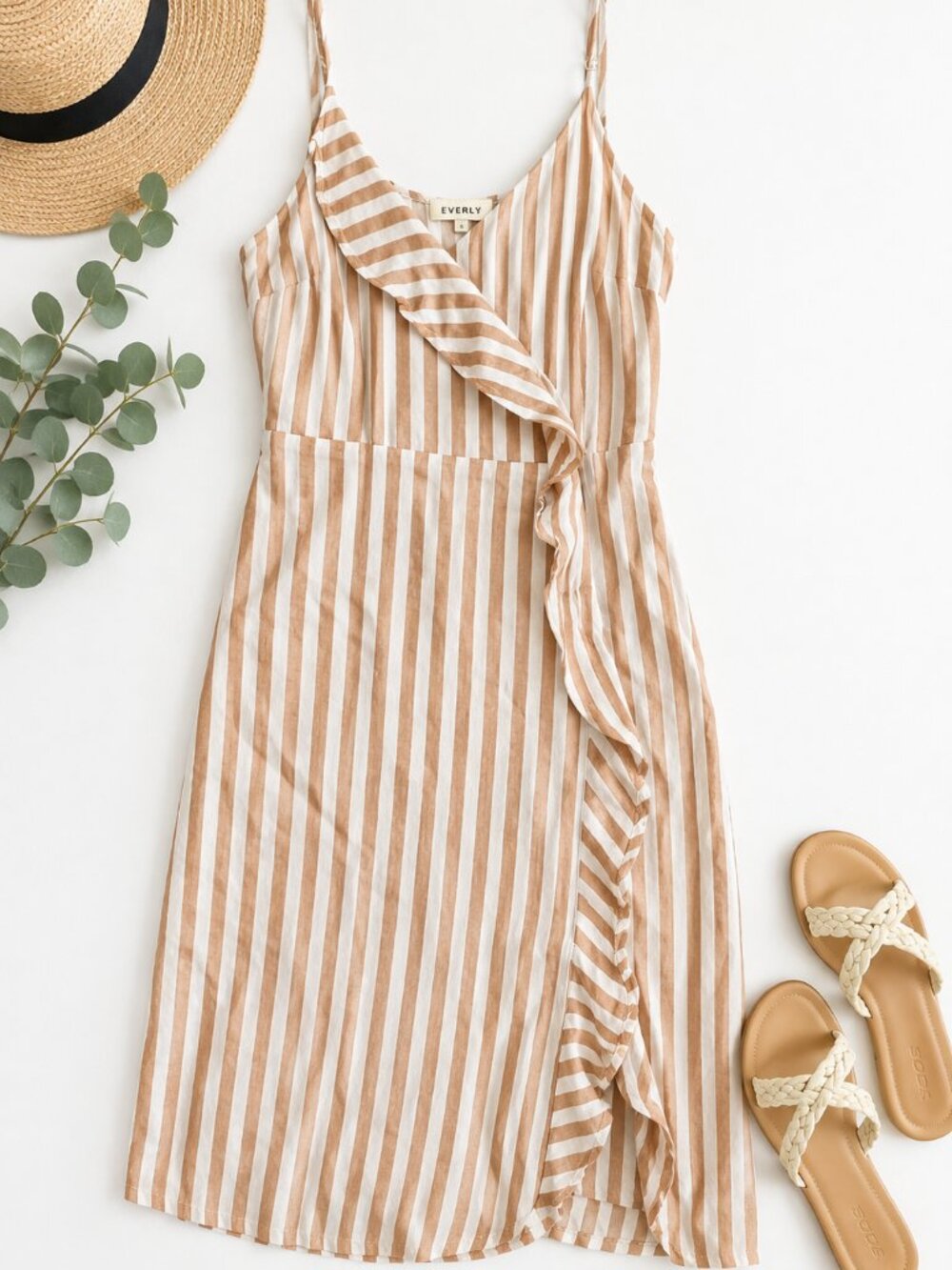 Everly Striped Wrap Dress Small Beige White Ruffle Linen Blend Look